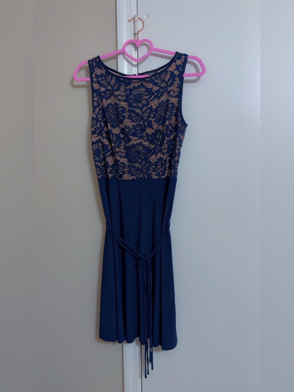 Roz & Ali Navy Dress with Beige Lace Bodice